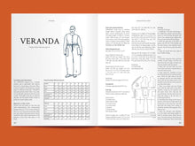 Load image into Gallery viewer, Two page spread features a line illustration of a sleeveless jumpsuit titled "Veranda", amongst bodies of text of step-by-step sewing instructions