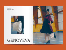 Load image into Gallery viewer, Two-page magazine spread. Left side shows text "GENOVEVA" with image of tote bag. Right side is a photo of lady in movement wearing a long anorak style coat jacket.