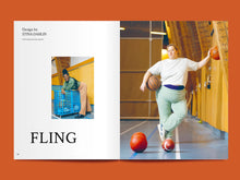 Load image into Gallery viewer, Two-page magazine spread. Left side shows text "FLING" with image of lady leant over ball cage. Right side is a photo of lady holding basketballs, wearing t-shirt and joggers