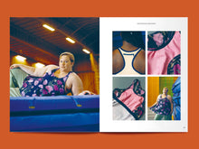 Load image into Gallery viewer, Two-page magazine spread with five images of racer neck sports top and close up details
