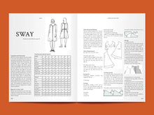 Load image into Gallery viewer, Two-page magazine spread shows step-by-step text instructions for the "Sway" dress construction, accompanied with line drawings