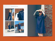 Load image into Gallery viewer, Two-page open magazine spread with five images of model wearing a short sleeve mini denim dress