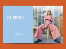 Load image into Gallery viewer, Two page open magazine spread, one side reads text "Queenie", the left page features image of model wearing a short sleeved jumpsuit