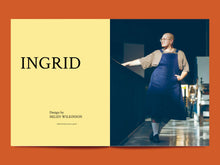 Load image into Gallery viewer, Two page open magazine spread, one side reads text "Ingrid", the right page features an image of model wearing a denim apron dress