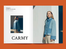 Load image into Gallery viewer, Two page open magazine spread, one side reads text "Carmy" under an image of model wearing a denim jacket, back view. Right page features image of model wearing a panelled denim jacket