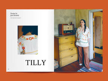 Load image into Gallery viewer, Two-page magazine spread, features images of model wearing a low collared shirt with embroidery details, along with the text word "Tilly".