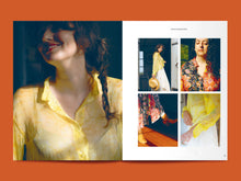 Load image into Gallery viewer, Two-page magazine spread, features five images of models wearing a sheer blouse, showing various details