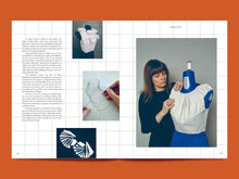 Load image into Gallery viewer, Two page spread of 4 images amongst body of text. Images show the designing of sculptural bodice pieces from 2D to 3D on a mannequin
