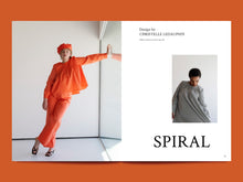 Load image into Gallery viewer, Two page spread of 2 images featuring two models wearing a long-sleeve blouse with pleating detail, displayed with big text which reads "Spiral"