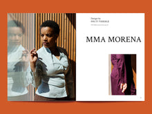 Load image into Gallery viewer, Two page spread of two images featuring models wear a long-sleeve button-up blouse with fold in collar, V-neck detail. Images sits amongst text that reads "Mma Morena"