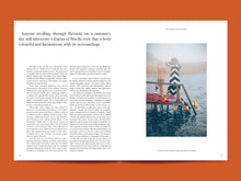 Load image into Gallery viewer, Two page magazine layout features text alongside an image of people swimming in a lake