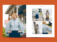 Load image into Gallery viewer, Two page magazine layout features images of models in different settings, wearing a zipped up jacket, with pleated chest detail, and loose, wide sleeves