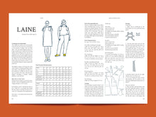 Load image into Gallery viewer, Two page magazine layout features a sewing design document for a garment with measurements, sewing instructions and illustrations