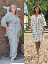 Load image into Gallery viewer, Two images side by side: left shows model wearing trouser jumpsuit. The right shows model wearing dress version