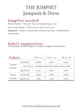 Load image into Gallery viewer, The Avid Seamstress Jumpsuit & Dress Sewing Pattern Fabric Requirements Chart