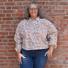 Load image into Gallery viewer, Model wears a long-sleeve, collared blouse with pleats at shoulder seams