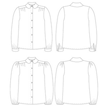 Load image into Gallery viewer, The Avid Seamstress' The Pleated Blouse's Line Drawings, front and back views of the blouse with different sleeve options