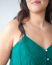 Load image into Gallery viewer, Close up of model wearing spaghetti strap and centre-front button fastening top