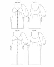 Load image into Gallery viewer, Line Drawings of Lora Dress, front and back views with different sleeves options