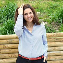 Load image into Gallery viewer, Lady wears Anna Shirt tucked into trousers. Shirt made in a stripe pattern fabric, cuffs stripes in different direction to the body of the shirt