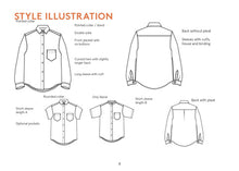Load image into Gallery viewer, Line Drawings of the Anna Shirt front and back views with different collar and sleeve options