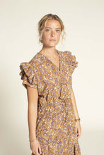 Load image into Gallery viewer, Close up of model bodice, wearing an Abby Dress View B: a V-neck, with ruffles at armhole, and waist tie