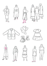 Load image into Gallery viewer, Sixteen line drawing illustrations of various garment pieces