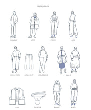 Load image into Gallery viewer, Thirteen line drawing illustrations of various garment pieces
