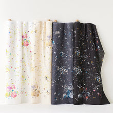 Load image into Gallery viewer, Four fabric bolts slightly rolled out against the wall to display floral print of Organic Cotton Double Gauze fabrics in different colour ways