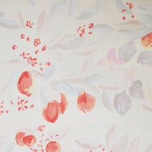 Load image into Gallery viewer, Close up of organic cotton double gauze fabric showing watercolour print of plum-like fruits in petals and leaves
