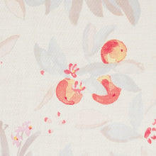 Load image into Gallery viewer, Close up of organic cotton double gauze fabric showing watercolour print of cherry-like fruits in petals
