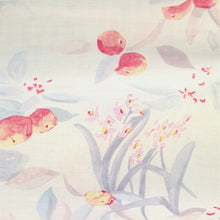 Load image into Gallery viewer, Close up of organic cotton double gauze fabric showing watercolour print of cherry-like fruits in petals with small flowers