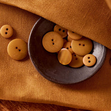 Load image into Gallery viewer, Close up of linen viscose fabric with a bowl of matching colour buttons on top