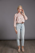 Load image into Gallery viewer, Full front view of lady wearing The Blouse, tucked into jeans.