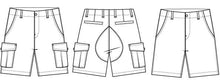 Load image into Gallery viewer, Line drawing of two variations of cargo shorts front and back views.
