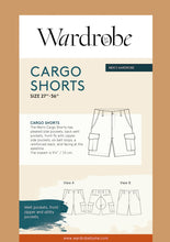 Load image into Gallery viewer, Cargo Shorts Sewing Pattern Packaging front. Shows line drawings of the shorts.