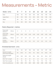 Load image into Gallery viewer, Metrics Measurements Chart for Celestia Dress for sizes 6-14