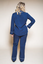 Load image into Gallery viewer, Back view of lady standing wearing a long sleeved Pyjama set with contrasting piping detail