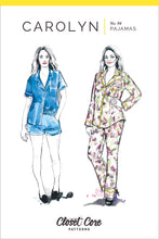 Load image into Gallery viewer, Illustration of two ladies wearing Carolyn Pajamas, one in short sleeve shirt and shorts option, the other in a long sleeved shirt with full length trousers set.
