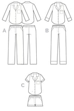 Load image into Gallery viewer, Technical Drawings for Carolyn Pajamas with long and short sleeve options, and full length trousers or shorts options