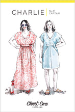 Load image into Gallery viewer, Illustrations of two ladies wearing Charlie Caftan dress, one in a full length option, the other in a short length, more loose-fitting option