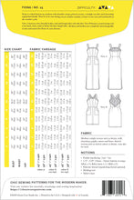 Load image into Gallery viewer, Back packaging of Fiona Sundress Sewing Pattern with measures chart