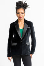 Load image into Gallery viewer, Lady wears a Jasika Blazer in velvet with silk collar and packet flaps detailing