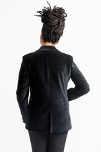 Load image into Gallery viewer, Back view of lady wearing a velvet Jasika Blazer