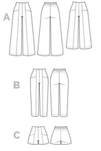 Load image into Gallery viewer, Tech drawings of Pietra Trousers and Shorts options