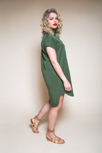 Load image into Gallery viewer, Side view of Kalle shirtdress with rounded hemline longer at the back