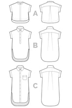 Load image into Gallery viewer, Technical drawings of Kalle Shirt and Shirtdress options