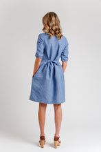 Load image into Gallery viewer, Back view of lady wearing Darling Ranges knee-length dress, with tie at centre back waist.