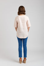 Load image into Gallery viewer, Back view of Dove Blouse, with dipped hem.