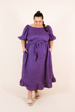 Load image into Gallery viewer, Lady wears Estella dress with puff sleeves and tie waist